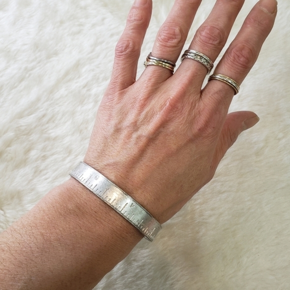 VINTAGE Measuring Tape Style Silver Tone Bangle Bracelet